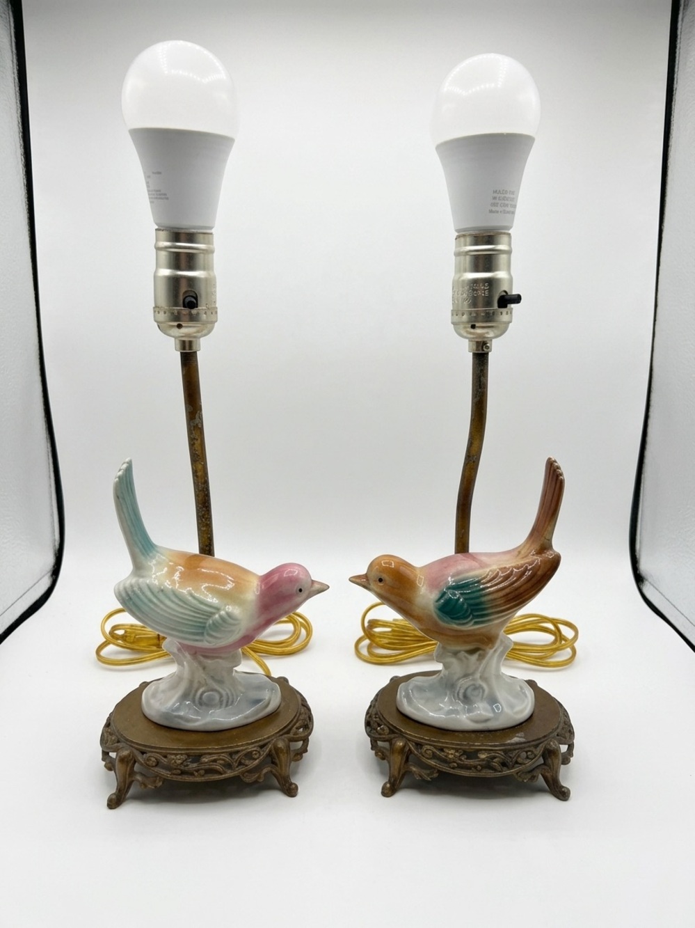 Vintage Mid-Century Modern Ceramic Bird Figurine Accent Lamps Pair